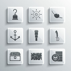 Set Pirate treasure map, coin, sword, Spyglass telescope lens, Antique chest, Anchor, hook and eye patch icon. Vector