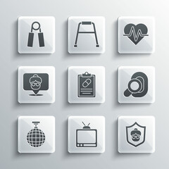 Set Retro tv, Grandmother, Hearing aid, Medical prescription, Disco ball, Nursing home, Sport expander and Heart rate icon. Vector
