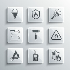 Set Walkie talkie, Fire protection shield, flame in triangle, Firefighter axe, Hand holding fire, hose reel, cone bucket and icon. Vector