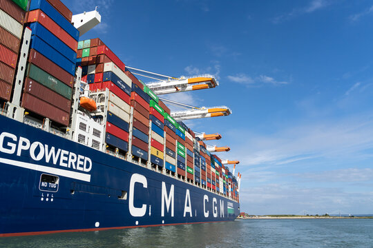 Le Havre, France - July 29, 2021: Montmartre lingpowered ultra large and modern containership of the french shipping major CMA CGM in the harbour of Le Havre.