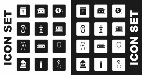 Set Grave with cross, Coffin, Holy bible book, Christian on chain and icon. Vector