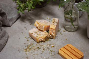 Chamomile handmade soap bars and bamboo soap dish. Ecofriendly gift giving.