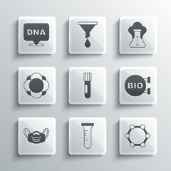 Set Test tube and flask, Molecule, Bio healthy food, Medical protective mask, DNA symbol and Chemical explosion icon. Vector