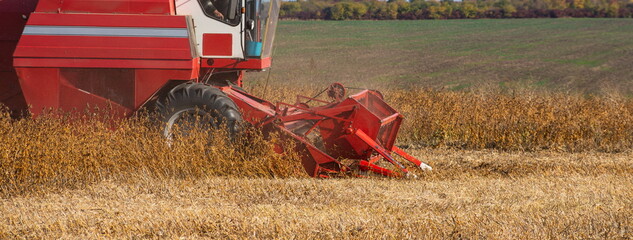 Red combine harvesting a crop of soybeans