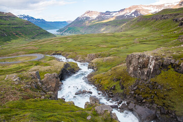 Fototapeta na wymiar River Fjardara in Seydisfjordur fjord in Iceland