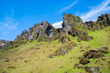 Beautiful rock formations of Thakgil canyon in Iceland