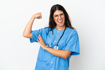 Young surgeon doctor caucasian woman isolated on white background doing strong gesture