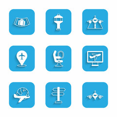 Set Airplane seat, Road traffic sign, Plane, Globe with flying, and Conveyor belt suitcase icon. Vector
