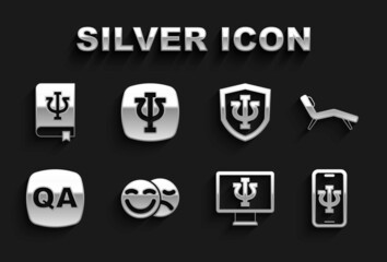 Set Comedy and tragedy masks, Armchair, Psychologist online, Question Answer, Psychology, Psi, book, and icon. Vector