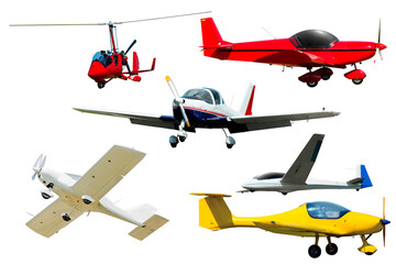 A lot of light aircraft: gyroplanes and gliders isolated on white background