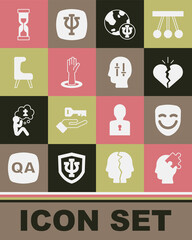 Set Solution to the problem, Comedy theatrical mask, Broken heart or divorce, Psychology, Psi, Helping hand, Armchair, Old hourglass and icon. Vector