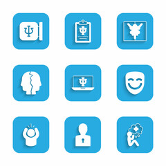 Set Psychologist online, Solution to the problem, Helping hand, Comedy theatrical mask, Anger, Bipolar disorder, Rorschach test and Psychology, Psi icon. Vector