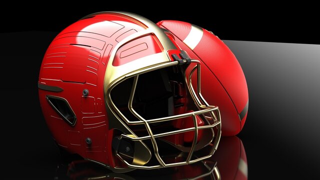 American football Gold-Red helmet and Gold-Red Ball under black laser lighting. 3D illustration. 3D CG. 3D high quality rendering.
