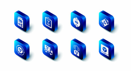 Set Radiation warning document, Atom, Nuclear energy battery, laptop, Radioactive lamp, Truck with radiation materials, and Dosimeter icon. Vector