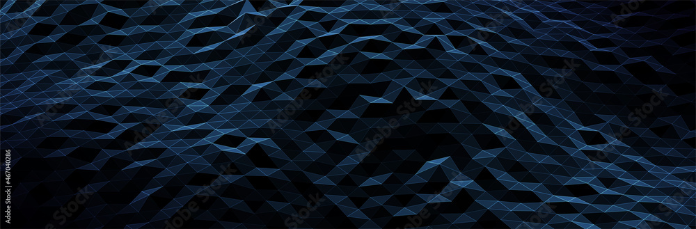 Poster abstract blue background. dark low poly triangle pattern. virtual computer landscape. technology sty