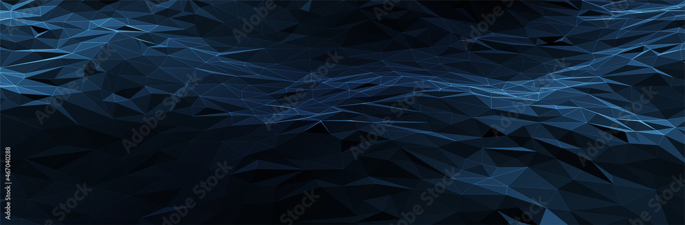 Poster abstract blue background. dark low poly triangle pattern. virtual computer landscape. technology sty
