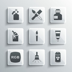 Set Paint brush, spray can, Tube with paint palette, RGB, bucket, gun and Paint, gouache, jar, dye icon. Vector