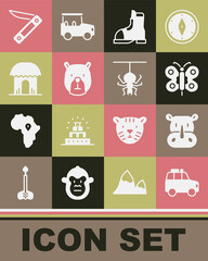 Set Car, Rhinoceros, Butterfly, Hunter boots, Bear head, African hut, Swiss army knife and Spider icon. Vector