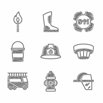Set Firefighter helmet, hydrant, Smoke alarm system, truck, bucket, Emergency call 911 and Burning match with fire icon. Vector