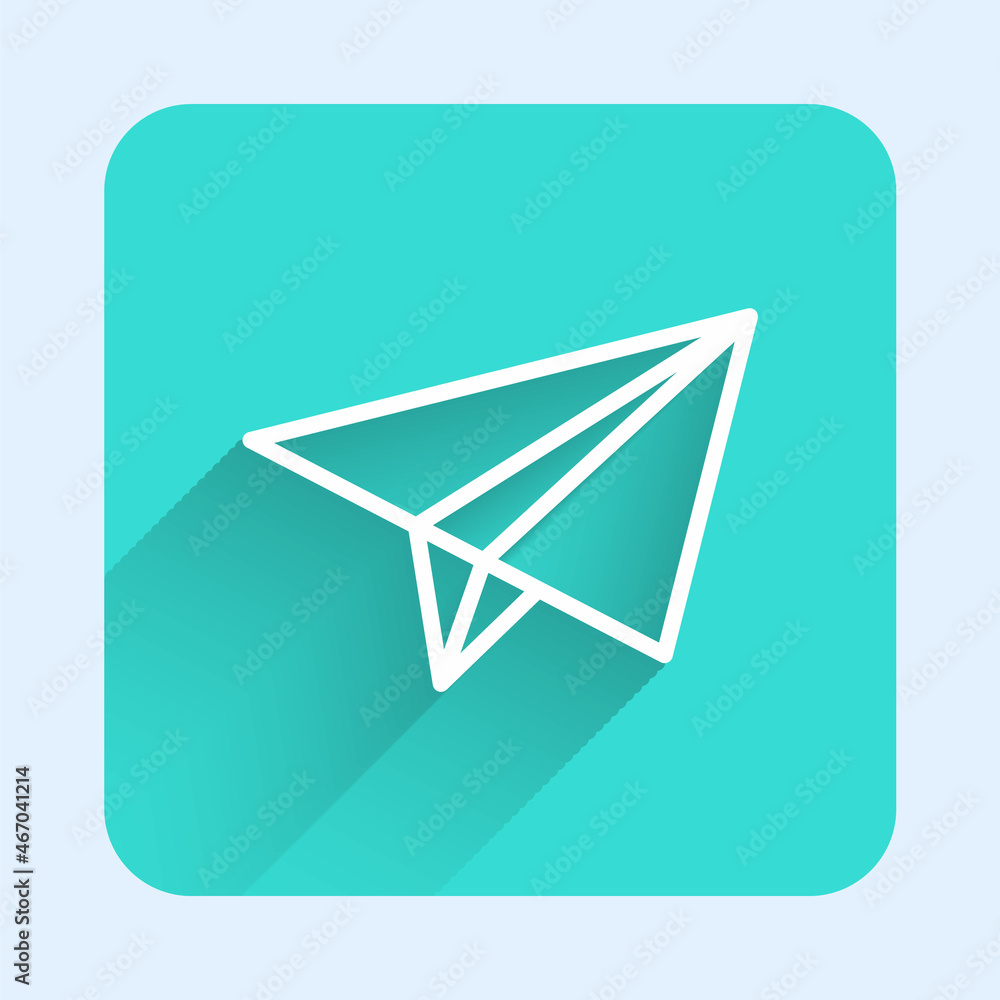 Poster white line paper airplane icon isolated with long shadow background. green square button. vector