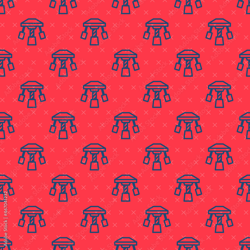 Poster blue line attraction carousel icon isolated seamless pattern on red background. amusement park. chil