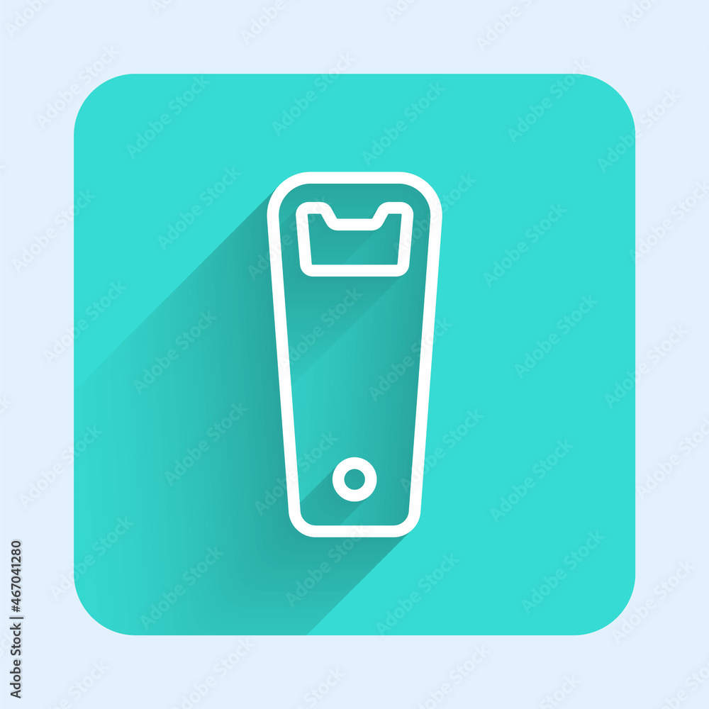 Poster white line bottle opener icon isolated with long shadow background. green square button. vector