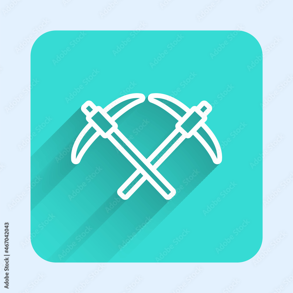 Poster white line pickaxe icon isolated with long shadow background. green square button. vector
