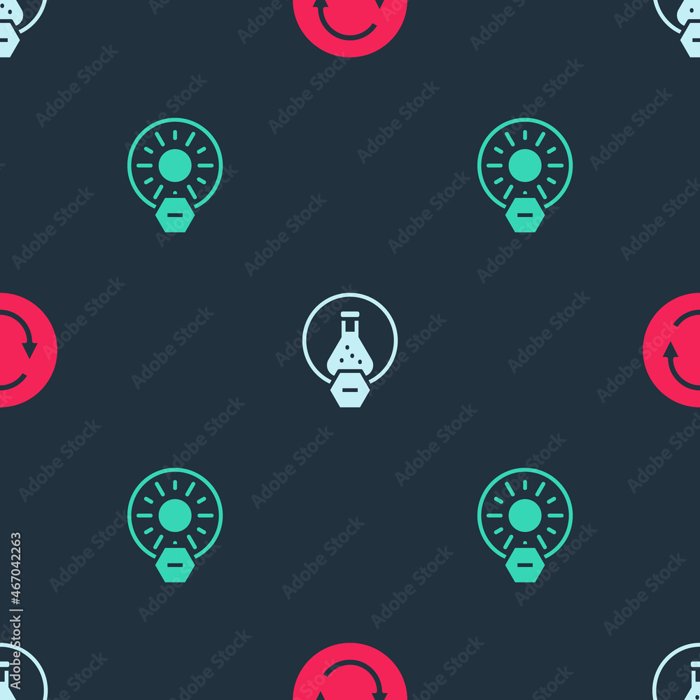Poster set recycle symbol, test tube and flask and no direct sunlight on seamless pattern. vector