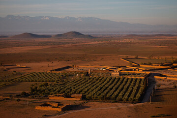 A view from a hot air balloon of the desert and plantations near Marrakech, sunrise in April,...
