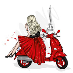 Beautiful girl in stylish clothes and a vintage moped. Fashion and style, clothing and accessories. Vector illustration. - 467042624