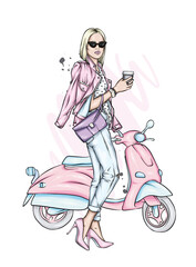 Fototapeta na wymiar Beautiful girl in stylish clothes and a vintage moped. Fashion and style, clothing and accessories. Vector illustration.