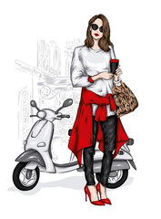 Beautiful girl in stylish clothes and a vintage moped. Fashion and style, clothing and accessories. Vector illustration. - 467042632