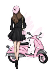 Beautiful girl in stylish clothes and a vintage moped. Fashion and style, clothing and accessories. Vector illustration. - 467042637