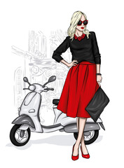 Beautiful girl in stylish clothes and a vintage moped. Fashion and style, clothing and accessories. Vector illustration. - 467042639