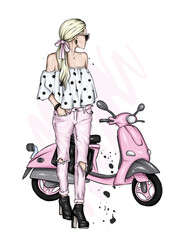 Beautiful girl in stylish clothes and a vintage moped. Fashion and style, clothing and accessories. Vector illustration. - 467042646