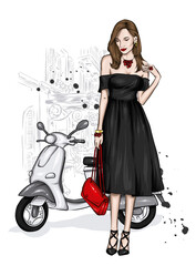 Beautiful girl in stylish clothes and a vintage moped. Fashion and style, clothing and accessories. Vector illustration. - 467042647