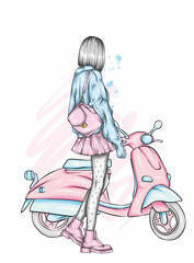 Beautiful girl in stylish clothes and a vintage moped. Fashion and style, clothing and accessories. Vector illustration. - 467042655