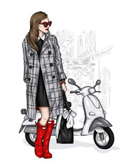 Beautiful girl in stylish clothes and a vintage moped. Fashion and style, clothing and accessories. Vector illustration.