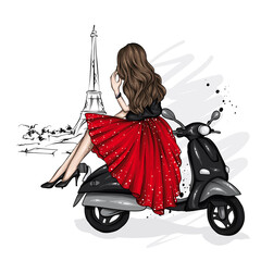 Beautiful girl in stylish clothes and a vintage moped. Fashion and style, clothing and accessories. Vector illustration. - 467042661