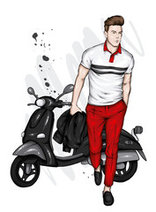 Handsome guy in stylish clothes and a vintage moped. Fashion and style, clothing and accessories. Vector illustration. - 467042666