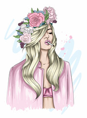 Beautiful girl in a wreath of roses and peonies. Flowers. Vector illustration for a postcard or poster, print on clothes.