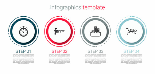Set Stopwatch, Fishing harpoon, Winner podium and Scuba diver. Business infographic template. Vector