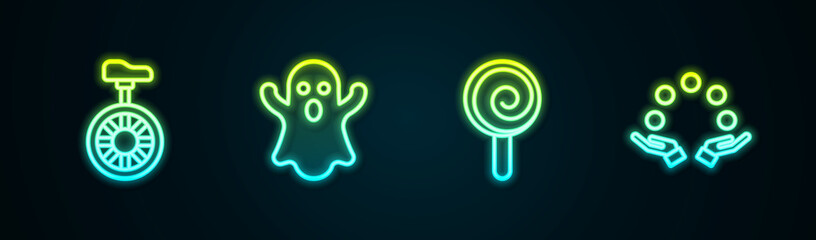 Set line Unicycle or one wheel bicycle, Ghost, Lollipop and Juggling ball. Glowing neon icon. Vector © Kostiantyn