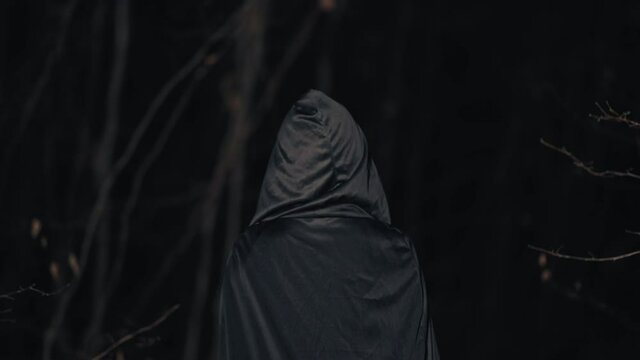 Unrecognizable woman as black witch walks between trees in forest at dark night. Girl in long dress, cape coat. Halloween concept, spooky cosplay dressing up