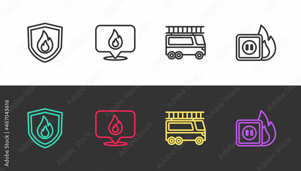 Sticker Set line Fire protection shield, Location with fire flame, truck and Electric wiring of socket in on black and white. Vector