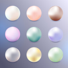 Vector pearls set. Realistic 3d glossy balls collection. Isolated spheres, precious round stones