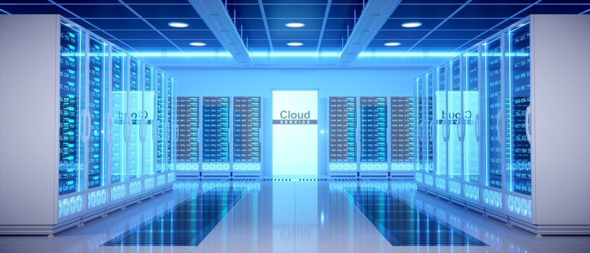 Interior of a modern and minimalist data center. Realistic 3d render.