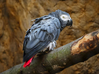 Gray parrot on a branch with a red tail.
