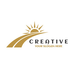Way road logo template. Highway road with sun 