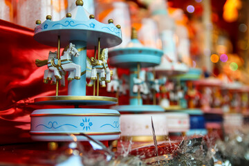 Handmade wooden merry go round miniature sold as a Christmas ornament on sale at a booth of the...